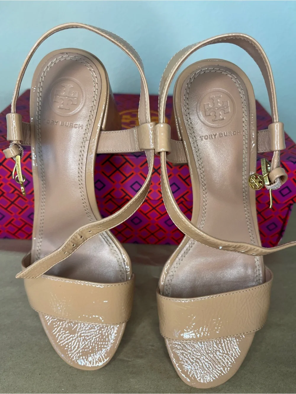 Tory Burch Patent Leather Nude Block Heel Sandals